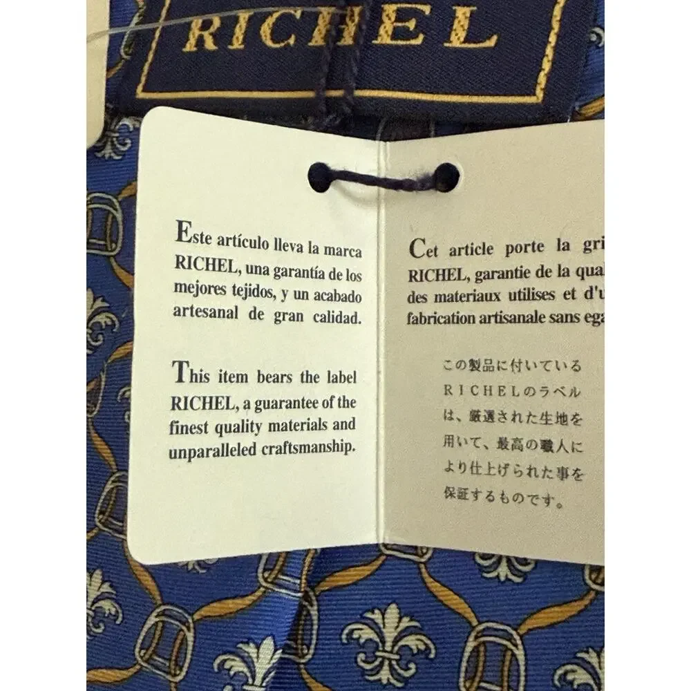 NWT Richel Blue 100% Pure Silk Hand Made In Spain Fleur De Lis Print Gold